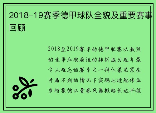 2018-19赛季德甲球队全貌及重要赛事回顾