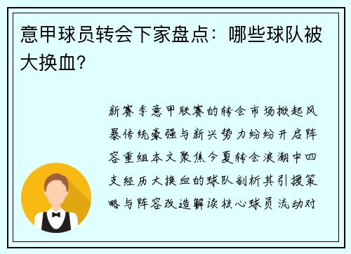 意甲球员转会下家盘点：哪些球队被大换血？